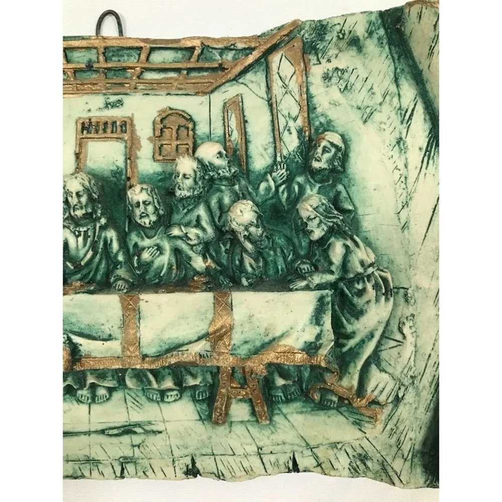 Vintage Last Supper 3D Relief Wall Plaque Scroll Design Teal Gold Religious Art